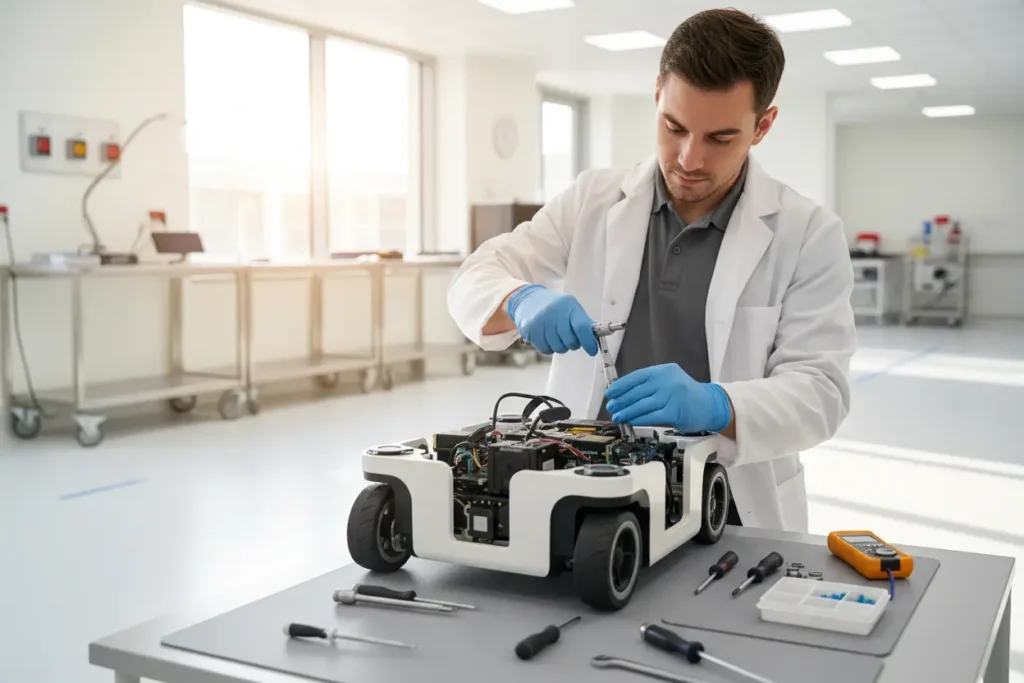 Man working on wheeled robot