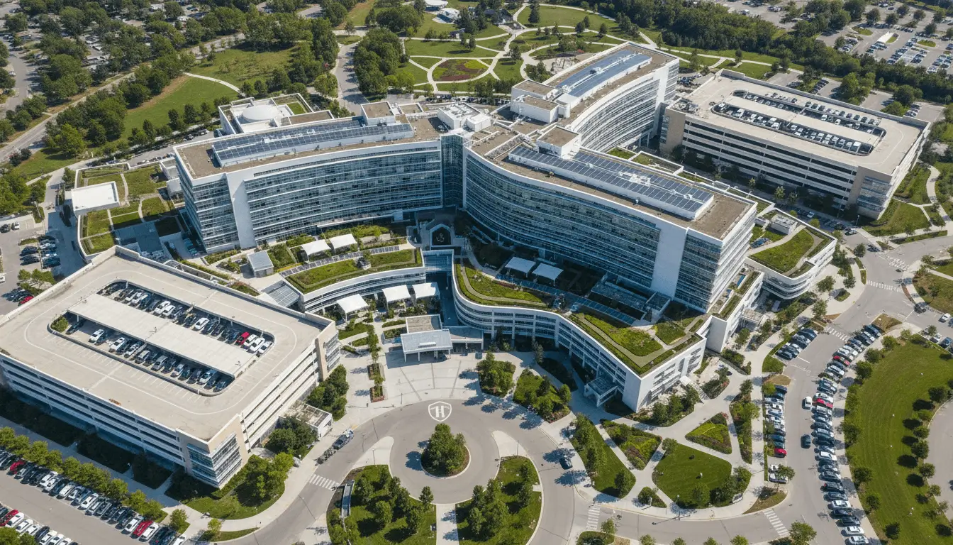 Aerial view of medical campus showing connected buildings, parking areas, and trees.