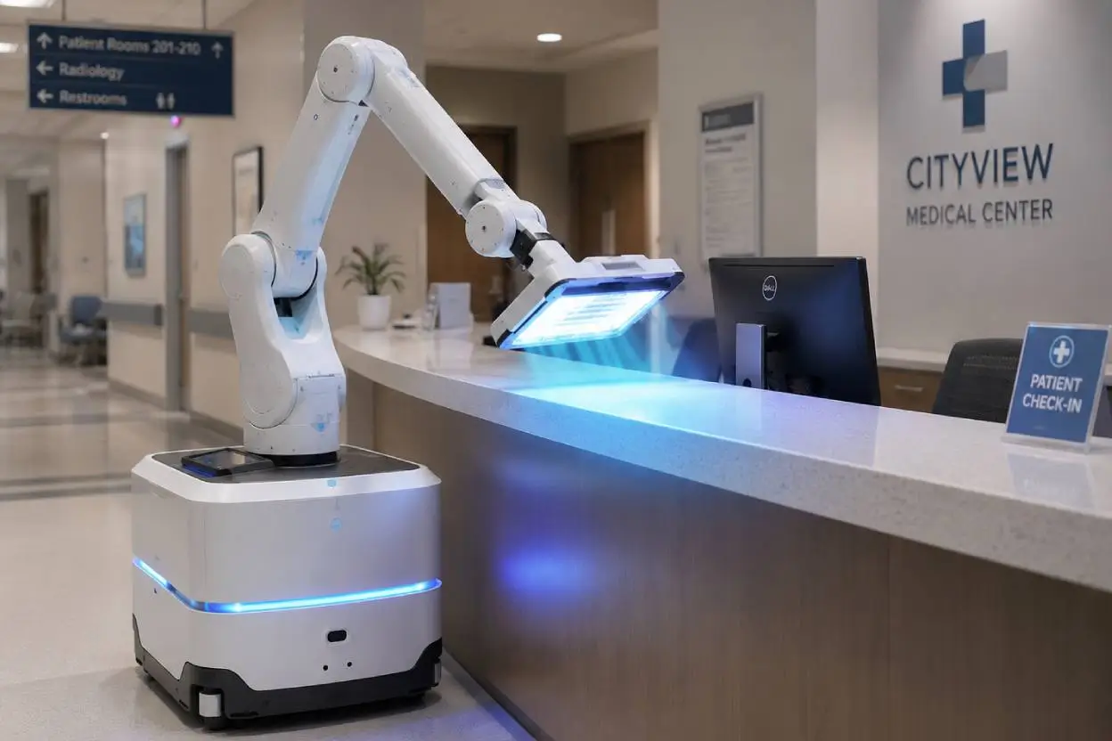 A medical robot using UV light to disinfect the patient check-in counter