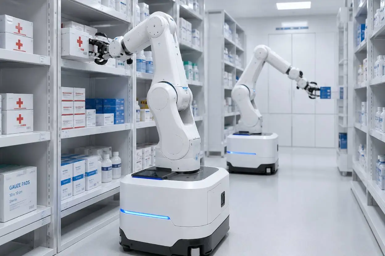 2 robotic arms storing supplies on shelves in a store room