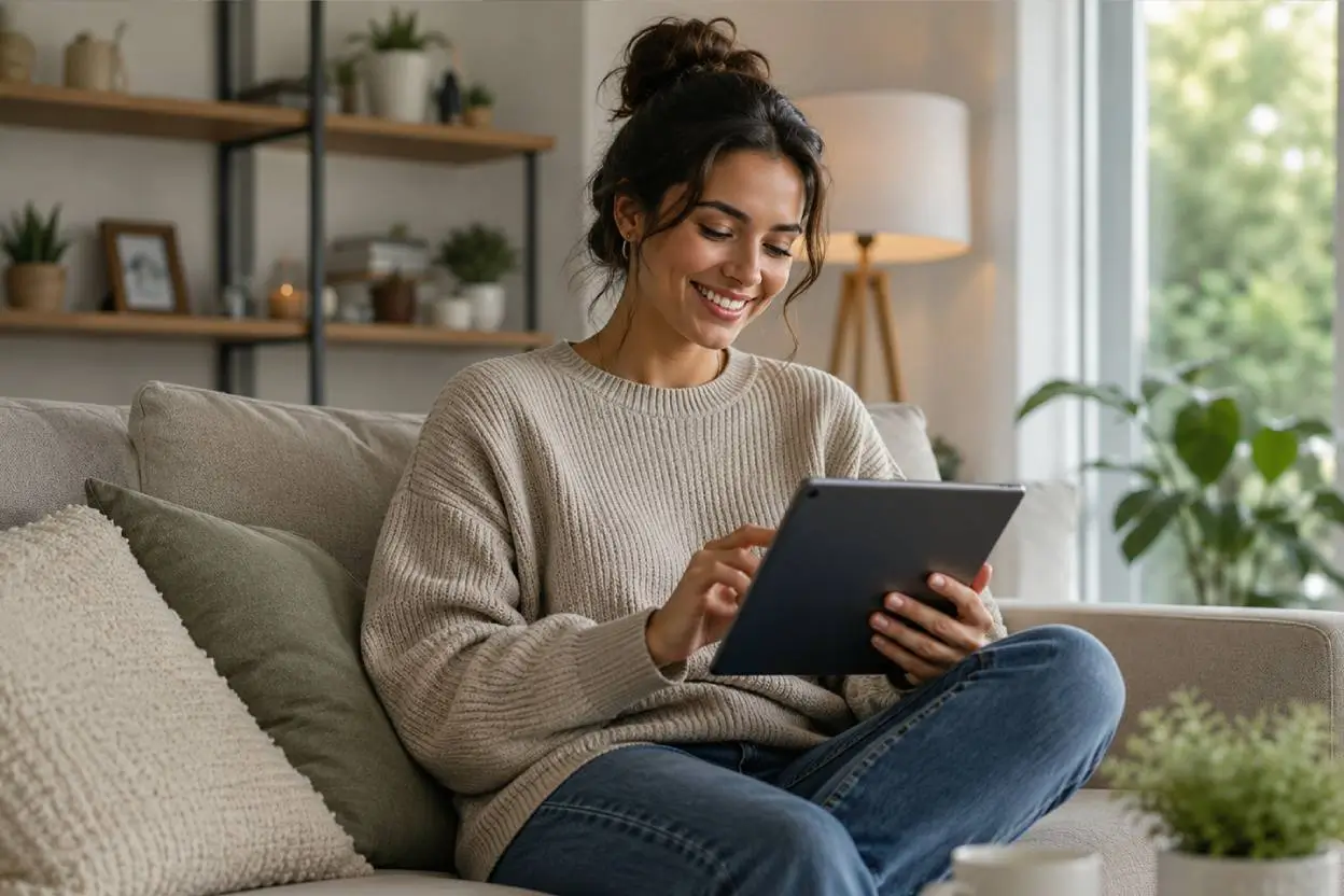 A smiling woman checking her medical info on her tablet at home